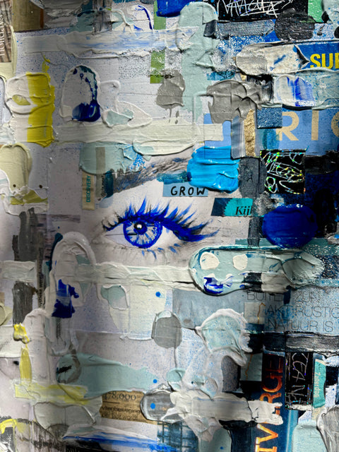 “Detail of MIND III by Marjolein Marx, focusing on one eye emerging from beneath layered white, grey, and blue brushstrokes and collage textures.”