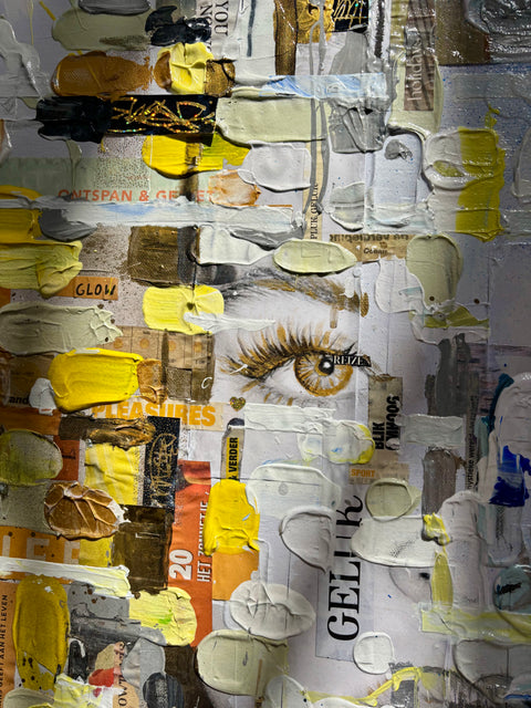 Close-up of MIND III by Marjolein Marx, highlighting textured strokes in white, blue, and yellow. The cropped composition focuses on the layered brushwork and embedded collage elements that partially reveal a pair of human eyes