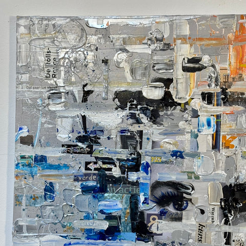 Frontal close-up of The MIND II by Marjolein Marx showing layered collage and paint textures in blue and silver tones with a visible eye element.