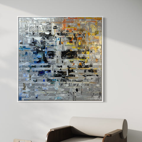 The MIND II by Marjolein Marx displayed in a modern interior, featuring a fragmented face made with printed materials, acrylic paint, and gold leaf.