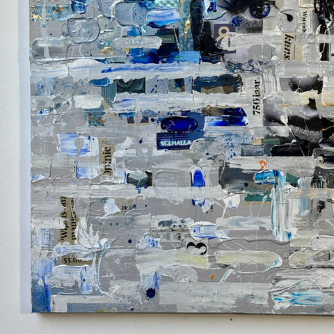 Detail of the bottom left section of The MIND II by Marjolein Marx, showing layered blue and silver collage elements and painted textures.