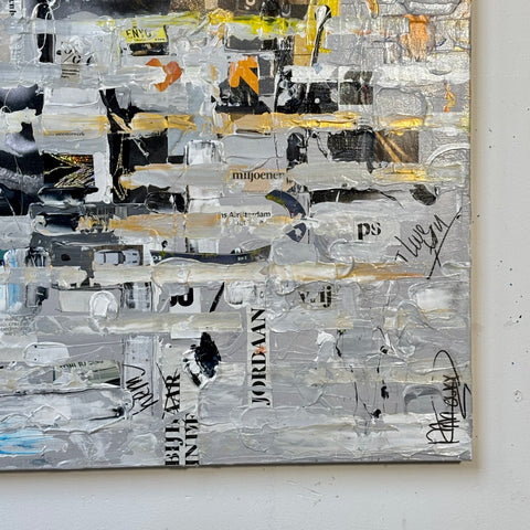 Detail of the bottom right section of The MIND II by Marjolein Marx, highlighting layered texts, metallic paint, and signature on a textured silver and white background.