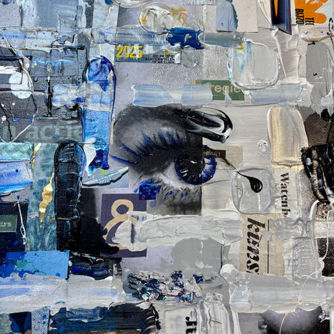 Close-up of The MIND II by Marjolein Marx featuring blue-toned collage textures and a left eye emerging from layered printed material and paint.