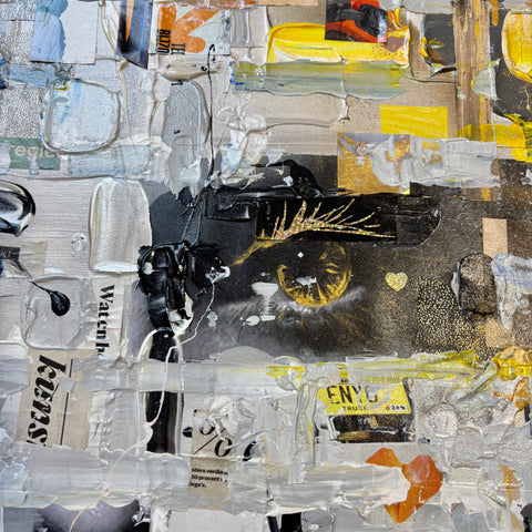 "Detail of The MIND II by Marjolein Marx showing golden eye and collage textures with yellow and black printed elements."