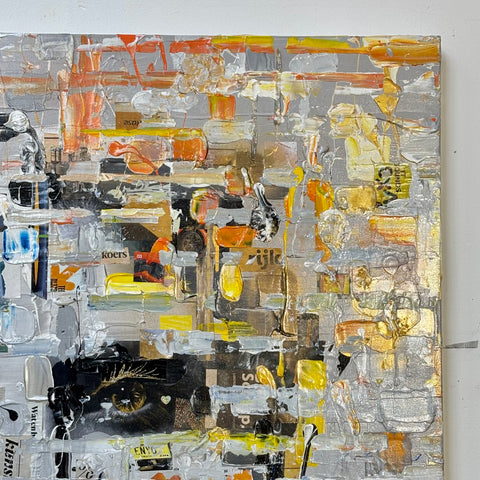 Detail of the top right of The MIND II by Marjolein Marx, with layered golden and orange hues, embedded print elements, and a partial eye visible in the lower section.