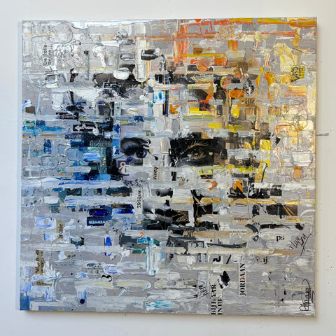 Full frontal view of The MIND II by Marjolein Marx. The artwork features layered textural strokes, vivid eyes, and collage elements in blue, yellow, and orange on a silver-grey background.