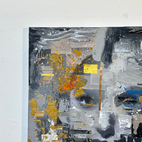 Top left detail of The MIND I by Marjolein Marx, featuring mixed media textures with gold leaf, bold orange splatters, and a partial black-and-white portrait emerging through layered paint and collage.