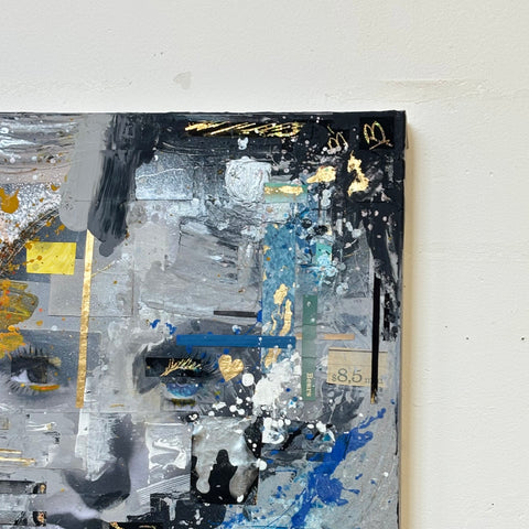 Top right detail of The MIND I by Marjolein Marx, highlighting the right eye, with gold accents, vivid blue textures, and layered collage text and symbols.