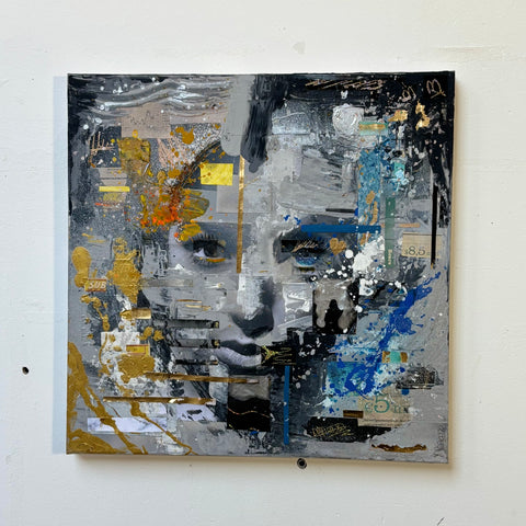 Full view of The MIND I by Marjolein Marx, showcasing a monochromatic portrait fragmented with golden textures, blue splashes, orange accents, and layered collage elements.