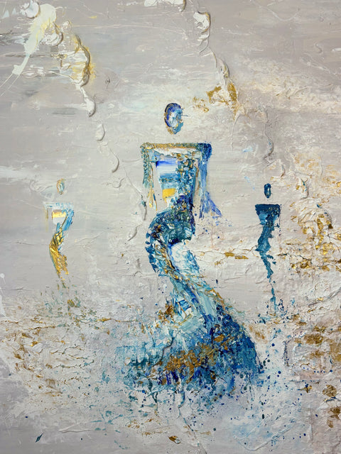 Frontal view of SOUL III by Marjolein Marx, capturing the full composition with abstract human forms, vibrant blue textures, and golden accents on a pale backdrop.