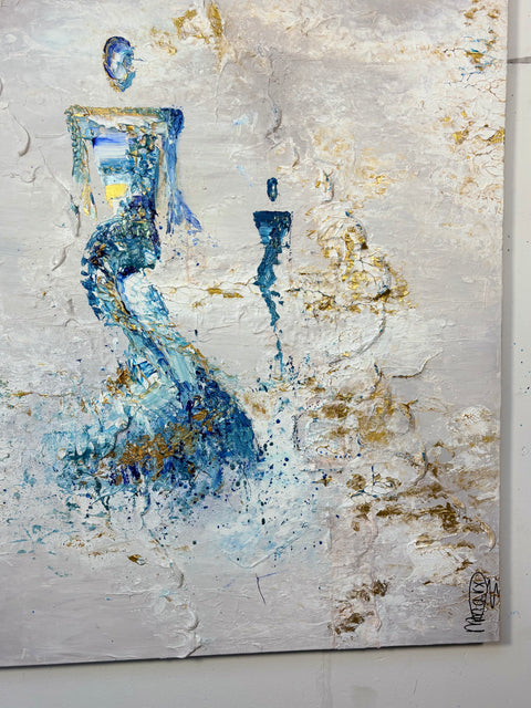 Detail of the bottom right section of SOUL III by Marjolein Marx, showing golden abstract textures and deep white ridges with the artist’s signature in the corner.