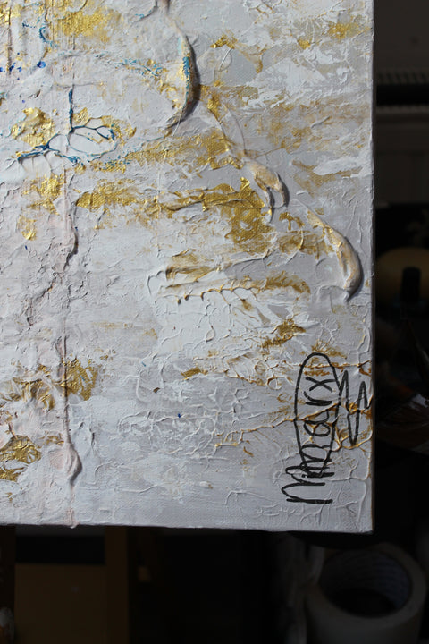 Bottom right detail of SOUL III by Marjolein Marx, featuring textured golden strokes over soft neutrals and the artist’s signature.