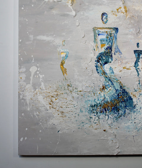 Central detail of SOUL III by Marjolein Marx, depicting the prominent abstract figure in a flowing blue dress with textured gold accents and dynamic brushstrokes.