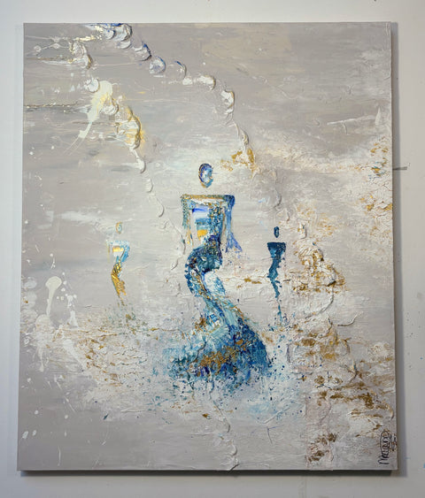 Overview of SOUL III by Marjolein Marx, depicting three abstract feminine figures in textured blue and gold, framed on a neutral, layered background.