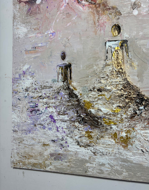 Detail of the bottom left section of SOUL II by Marjolein Marx, featuring two abstract figures in flowing gold and black, with textured white and lavender strokes.