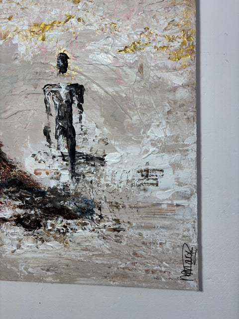 Detail of the bottom right section of SOUL II by Marjolein Marx, highlighting a solitary dark figure, expressive texturing, and gold accents on a pale, neutral-toned background.