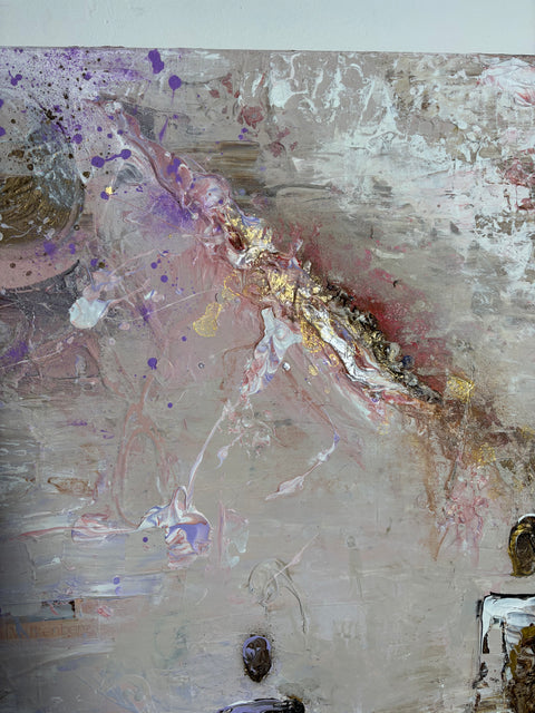 Top left detail of SOUL II by Marjolein Marx, featuring pink and lavender tones, sweeping texture, gold leaf, and layered abstract forms.