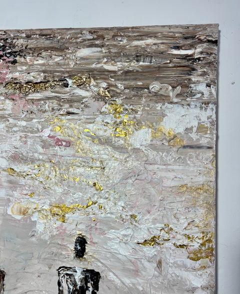 Detail of the top right section of SOUL II by Marjolein Marx, showcasing layered earthy tones, textured white strokes, and scattered gold leaf on a muted background.