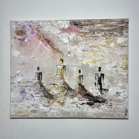 Full view of SOUL II by Marjolein Marx, featuring five abstract figures casting elongated shadows across a textured, pastel-toned surface layered with gold, lilac, and earth tones.