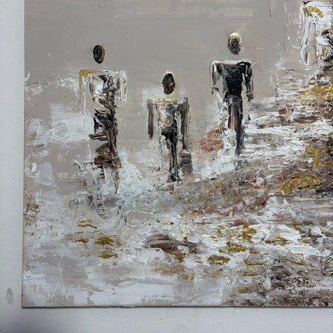Bottom left detail of SOUL I by Marjolein Marx, featuring three abstract figures in earthy brown and black tones, set against thick white textures with hints of gold.