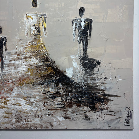 Bottom right detail of SOUL I by Marjolein Marx, showing two textured abstract figures in black and white, with thick earthy brushstrokes and gold highlights.