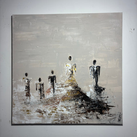 Frontal view of SOUL I by Marjolein Marx, featuring five abstract figures in black, white, and gold standing on textured terrain against a soft grey background.