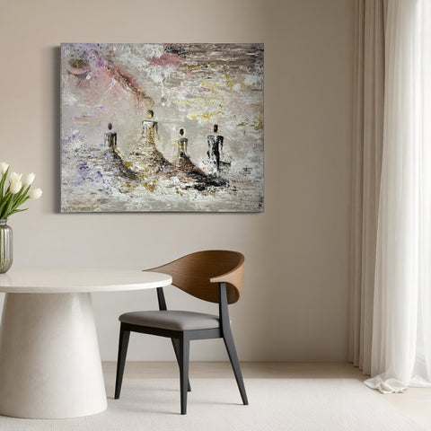 SOUL I by Marjolein Marx showcased in a minimalist dining space, featuring four abstract figures casting shadows on a textured pink and neutral-toned background.