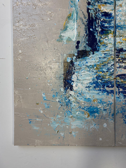 Close-up of “The BODY II” by Atelier Marx, highlighting the painting’s lower left quadrant with textured blue and white acrylics, expressive splatters, and gold leaf accents.