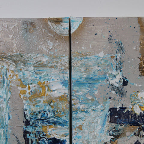 Detail view of “The BODY II” by Atelier Marx, showing expressive textures, layered acrylics, and gold elements across the diptych’s centerline.