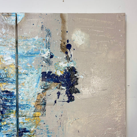 Close-up of the top right section of “The BODY II” by Atelier Marx, featuring layered white, navy, and gold acrylic textures with expressive splatter and subtle relief patterns.