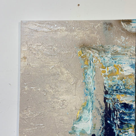Close-up of the top left corner of “The BODY II” by Atelier Marx, featuring textured metallic surfaces and layered turquoise, white, and gold acrylic detail.