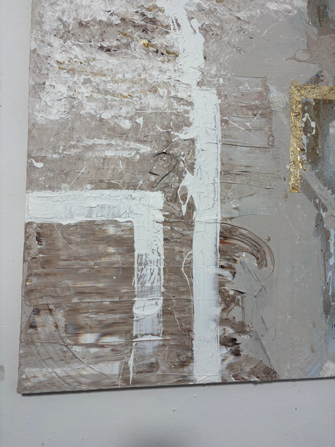 Close-up of the bottom left corner of “The BODY I” by Atelier Marx, showing layered earthy textures, structural white forms, and a glimpse of gold leaf detail.