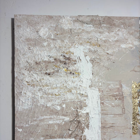 Close-up of the top left corner of “The BODY I” by Atelier Marx, featuring thick white textures, earthy tones, and gold leaf accents on a sculptural acrylic surface.