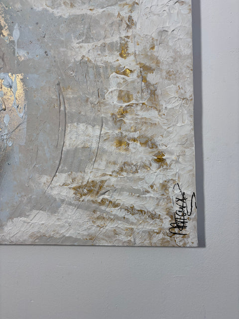 Close-up of the bottom right corner of “The BODY I” by Atelier Marx, featuring sculptural white textures, gold details, and the artist’s signature by Marjolein Marx.