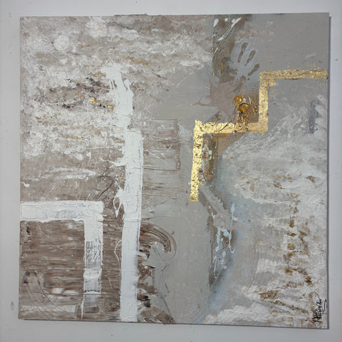 Frontal studio view of “The BODY I” by Atelier Marx, showcasing the full abstract composition with gold leaf, white linear forms, handprint texture, and sculptural layers.